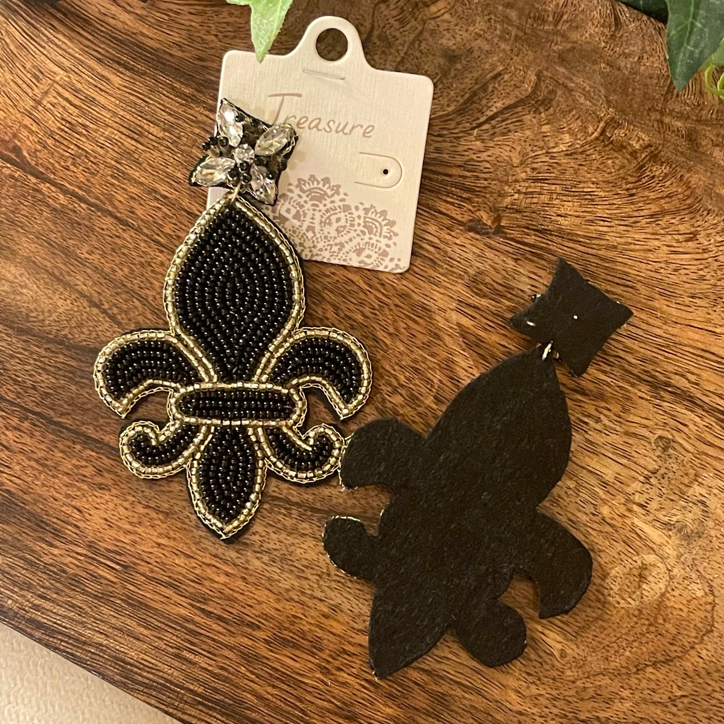 GameDay: Black and Gold Fleur de Lis Seed Bead Statement Earrings