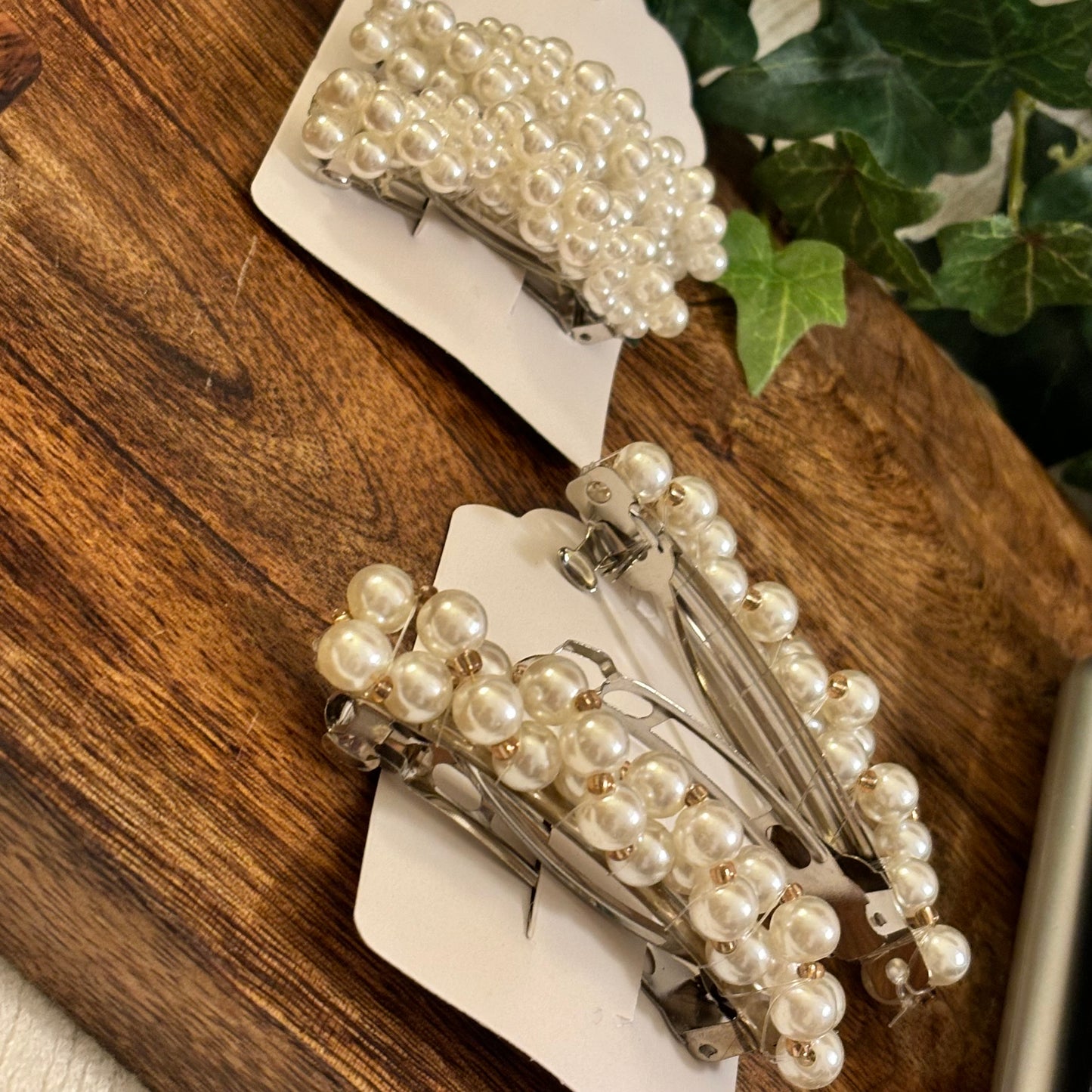 Beaded Pearl or Pearl and Gold French Clip Barrette Set of 2