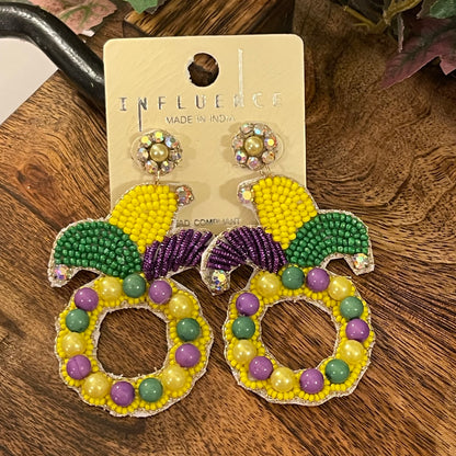 Mardi Gras Seed Bead Drop Earrings Smile Face • King Cake • Mask