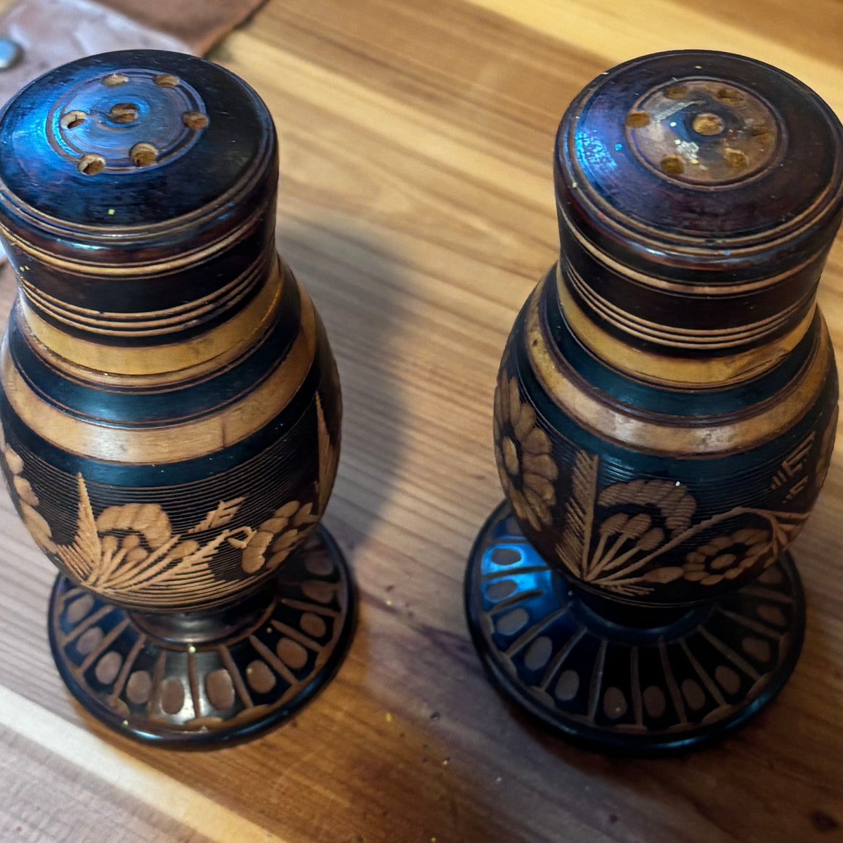 Carved Wood Salt & Pepper and Toothpick Holder Set
