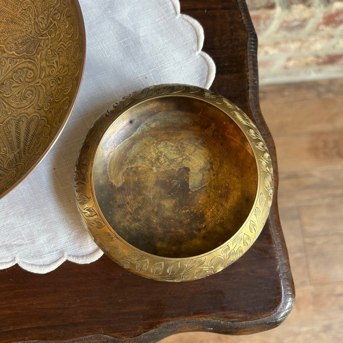 Solid Brass Peacock Etched Bowl or Floral Etched Bowl