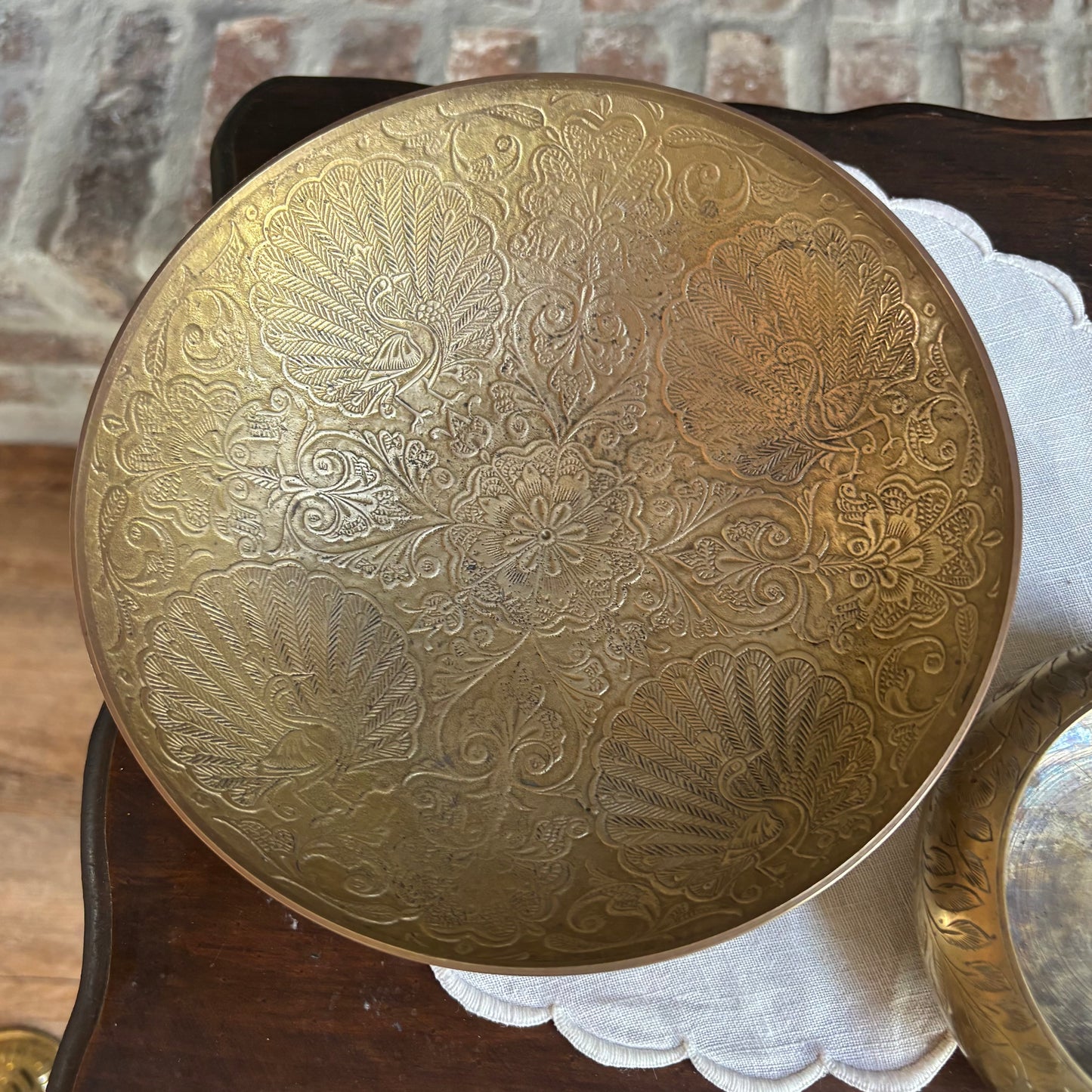 Solid Brass Peacock Etched Bowl or Floral Etched Bowl