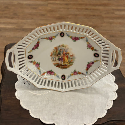 Vintage GERMAN 9.5" Oval Porcelain Basket Bowl Trellis with Reticulated Lace Rim