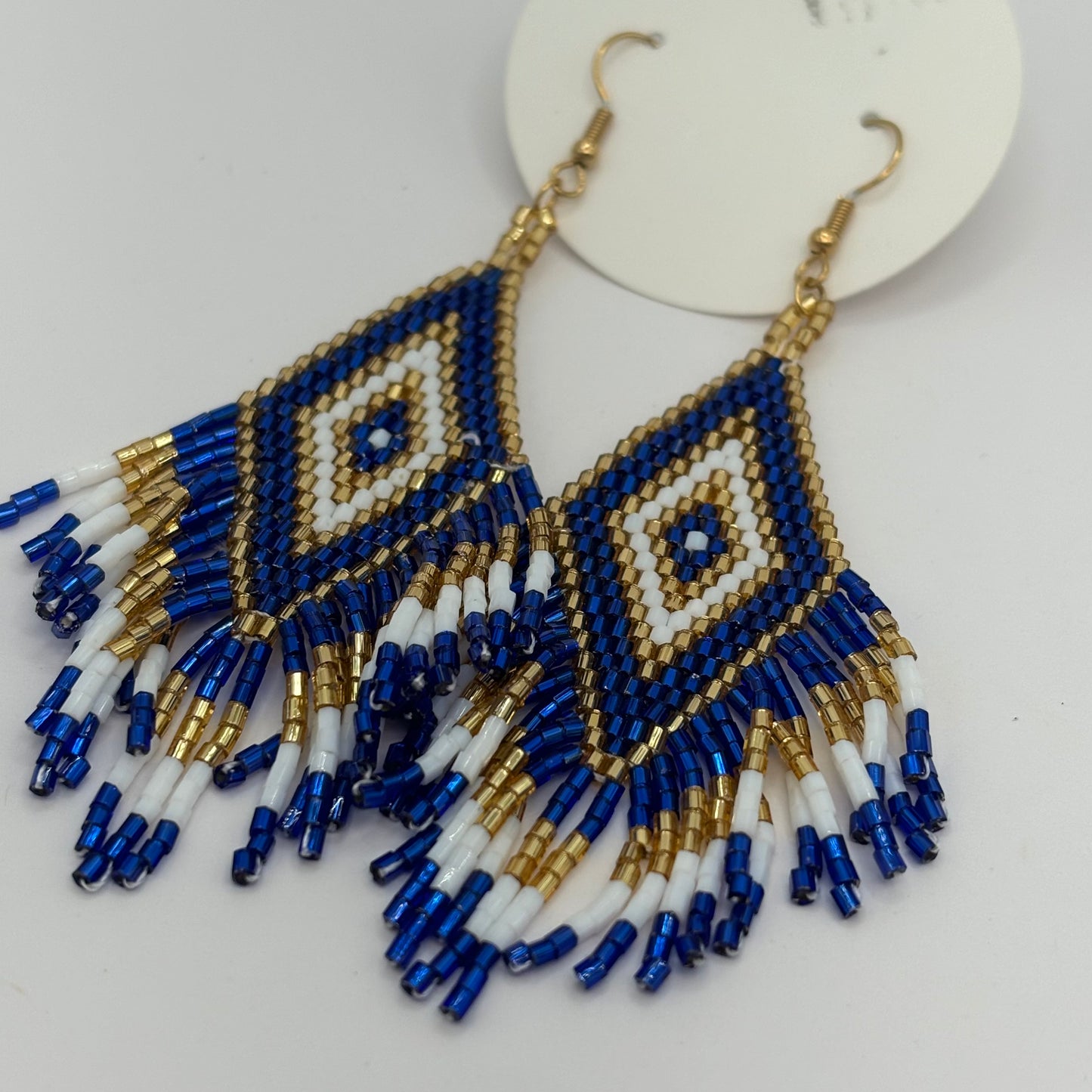 Blue & Gold Seed Bead Fringe Dangle Earrings