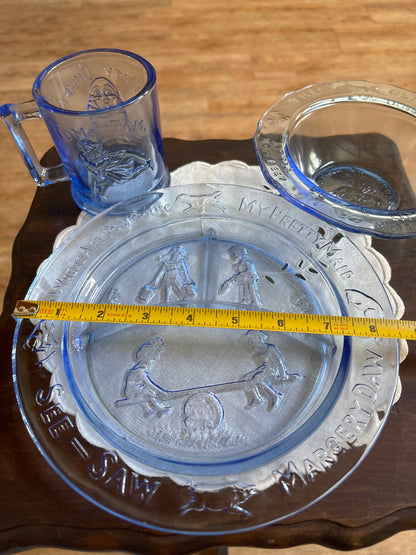 Indiana Glass Tiara Nursery Rhymes Blue Glass Children's Dinnerware - Mug, Cereal Bowl And Three Compartment Plate