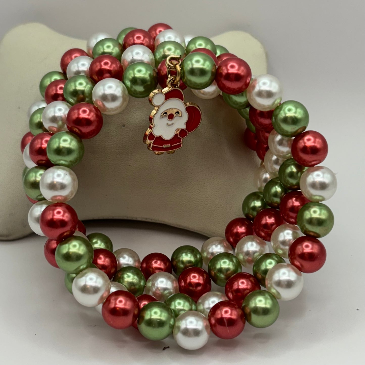 Christmas Wrap Bracelet Featuring Red, Green, White Beads with Santa & Christmas Tree Charms