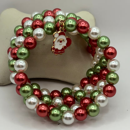 Christmas Wrap Bracelet Featuring Red, Green, White Beads with Santa & Christmas Tree Charms