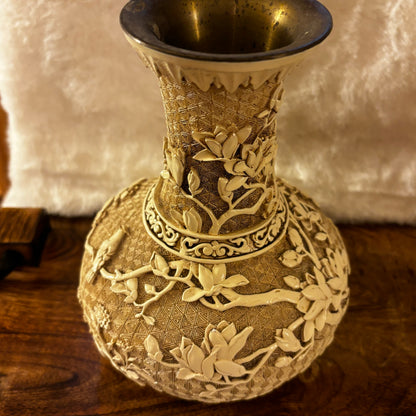 Vintage Ivory Carved Resin on Brass Vase Birds