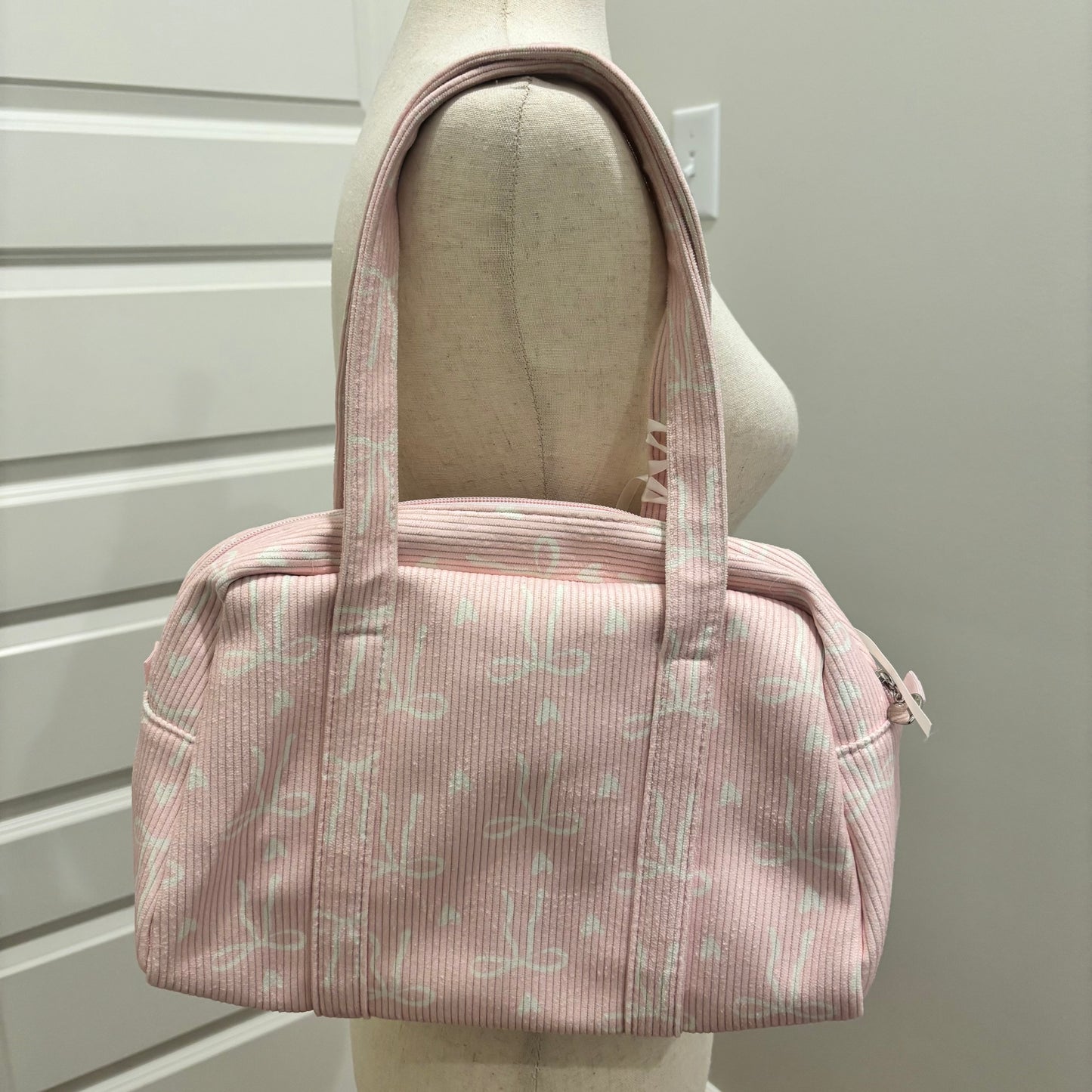 Pink Bag with White Bows Decorated with Ribbon and Pearls