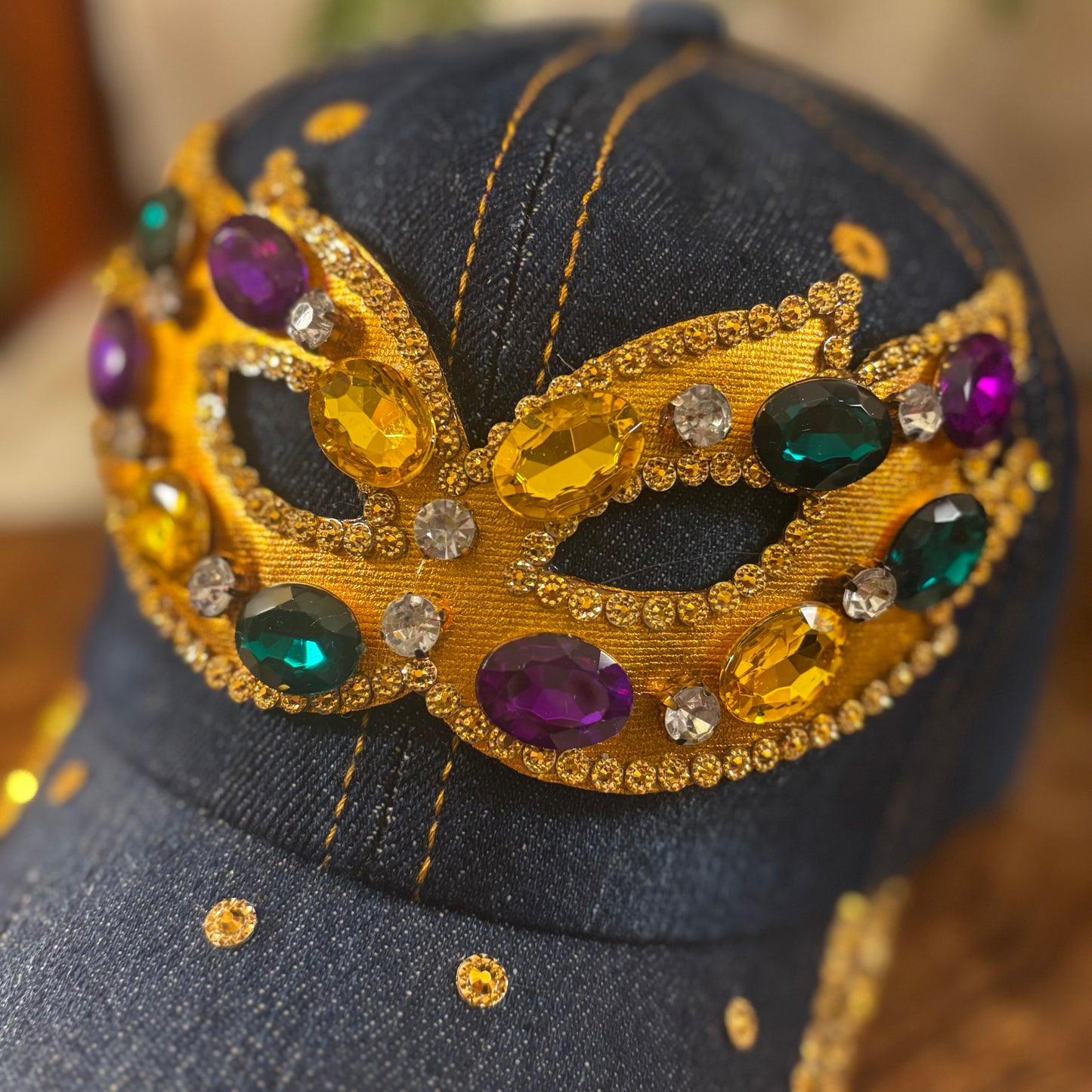 Mardi Gras Denim Hat with Mask and Green, Purple, Gold Stones