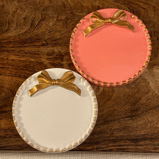 Round Trinket Dresser Tray in Pink or White Featuring a Gold Bow