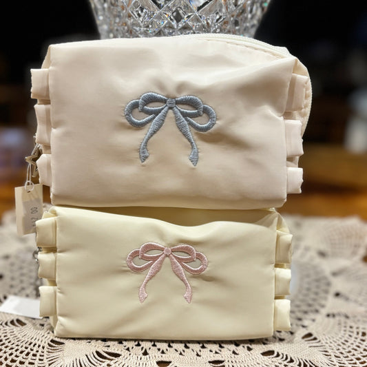 Cosmetic Bag Featuring Embroidered Blue or Pink Bow