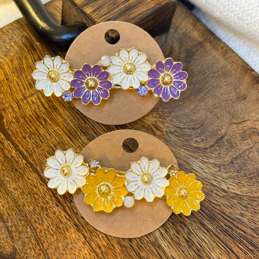 Enamel Flower French Style Barrette Gold or Purple