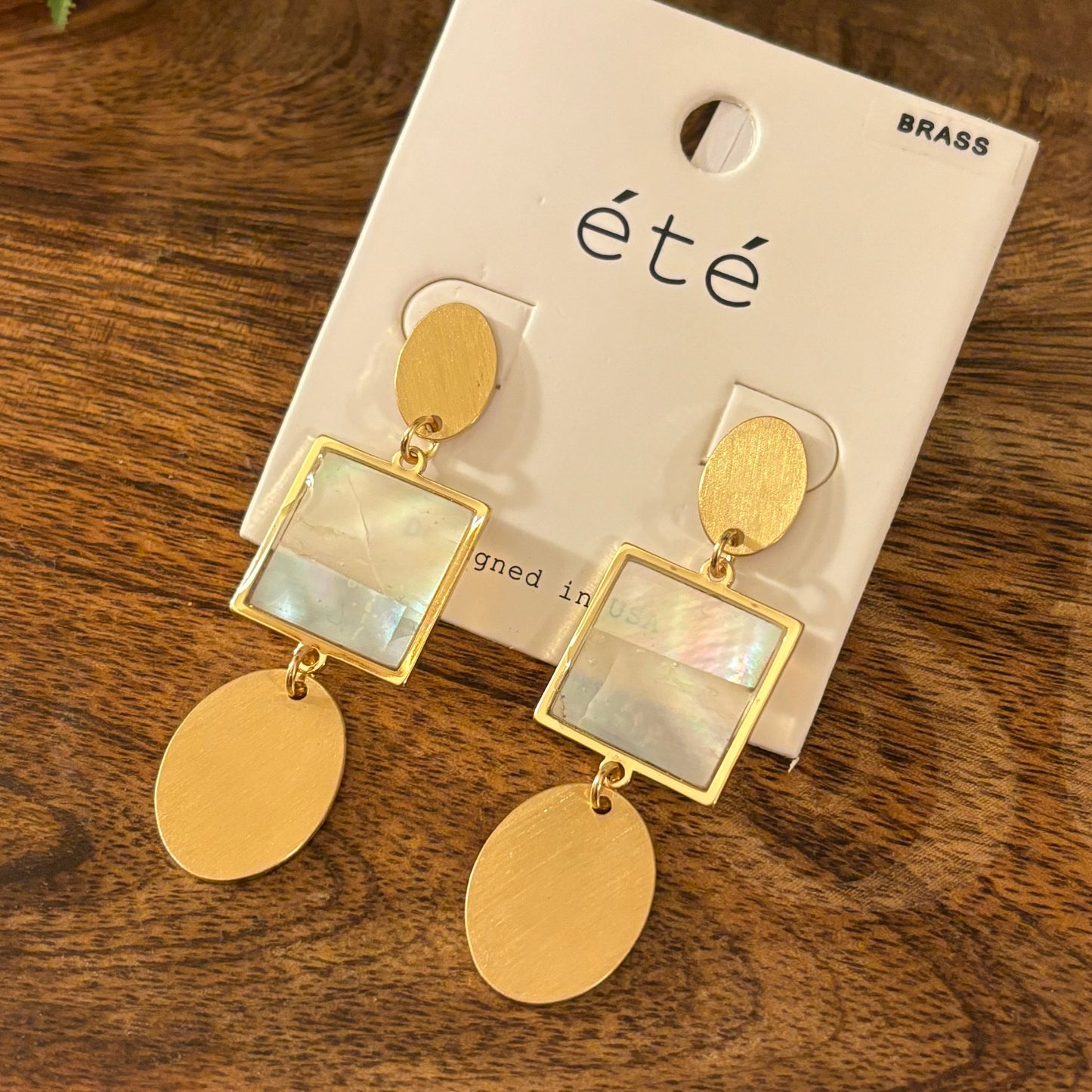 Gold Post Back Earrings with Mother of Pearl Square