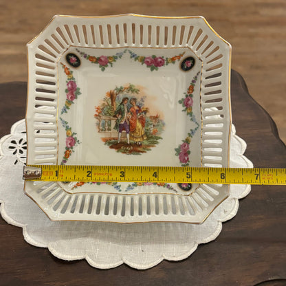 Schumann Reticulated Square Candy Dish, Couple in Garden 7"
