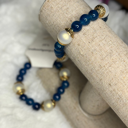 Bracelets - Navy, Pearl, and Gold Stretch Bracelet