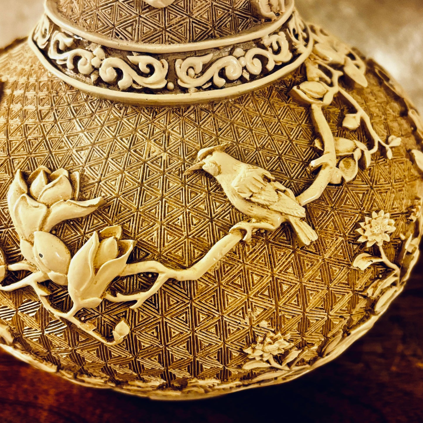 Vintage Ivory Carved Resin on Brass Vase Birds