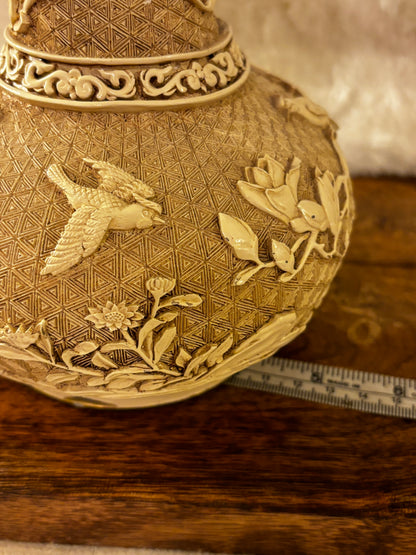 Vintage Ivory Carved Resin on Brass Vase Birds