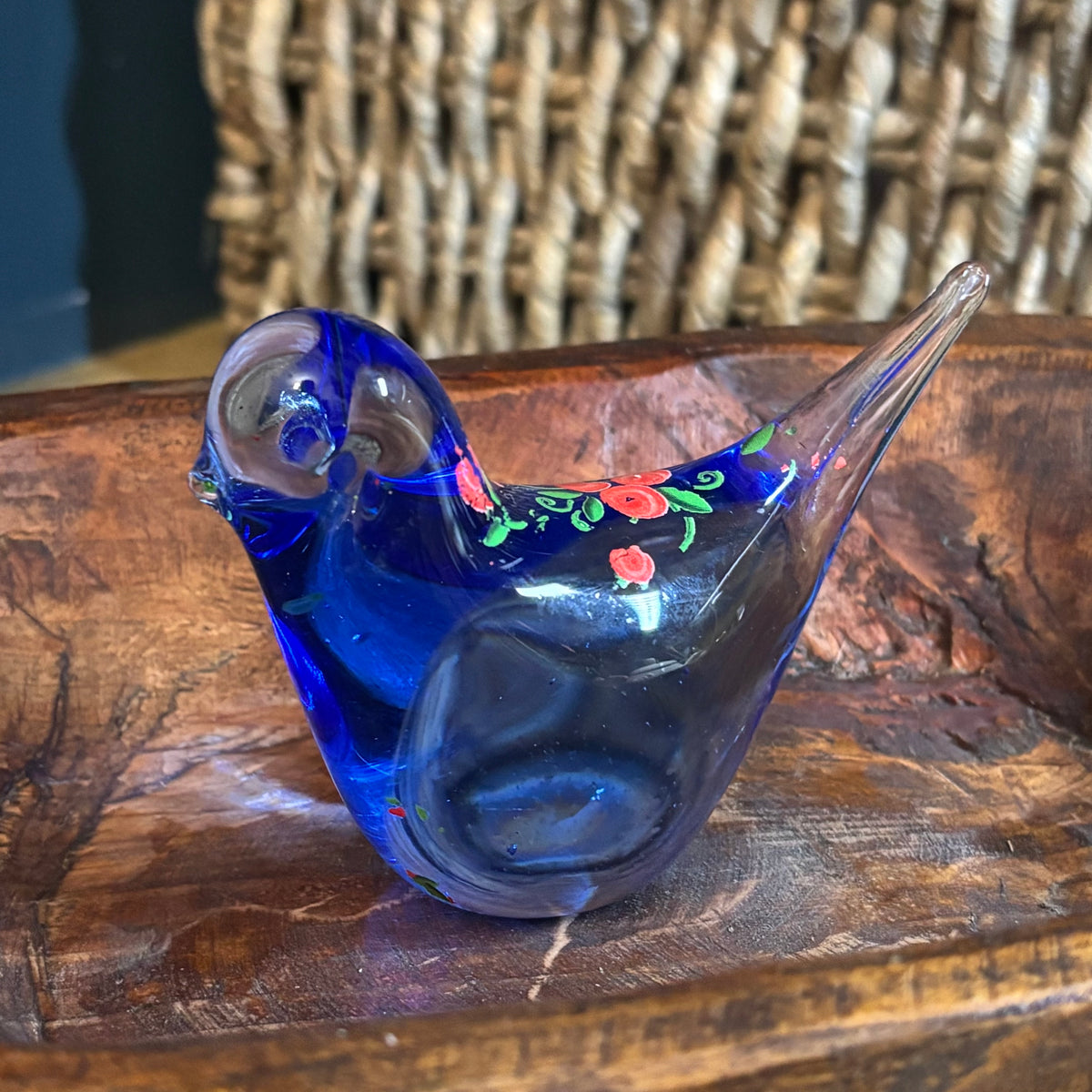 Glass Bluebird with Hand Painted Flowers Paperweight