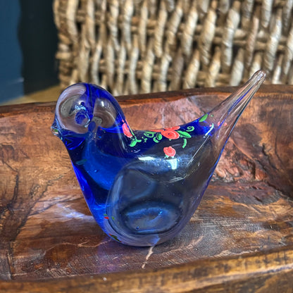Glass Bluebird with Hand Painted Flowers Paperweight