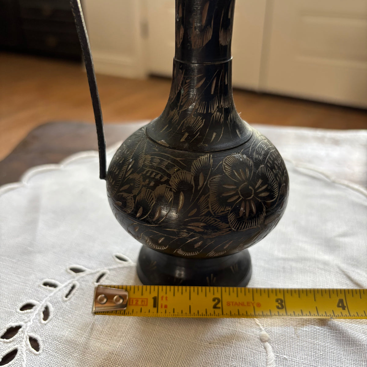 Vintage Floral Etched Brass Ewer Pitcher