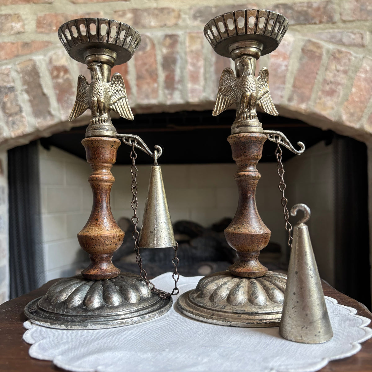 Set of 2 Vintage Dilly Wood and Metal Eagle Candle Holder with Snuffer on Chain