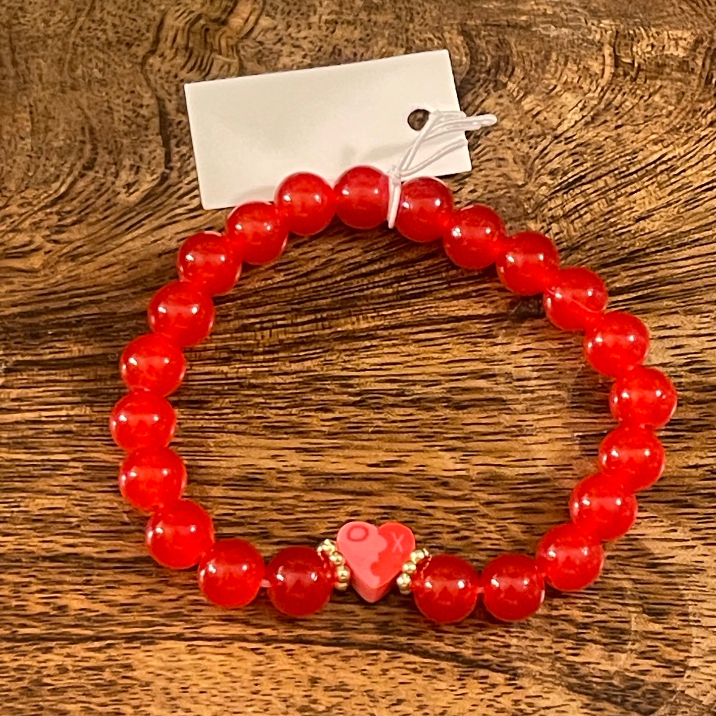 Valentine’s Day: Red Beaded Stretch Bracelet With Heart Center