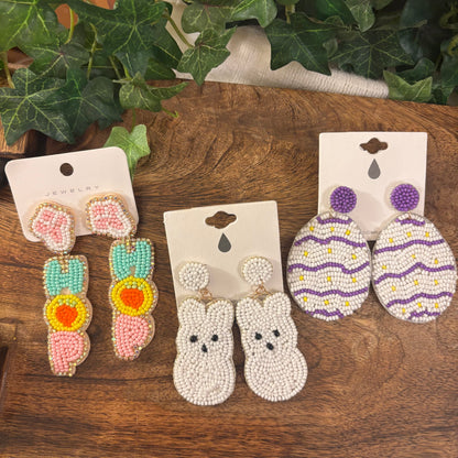 Easter Bunny Seed Beaded Drop Earrings