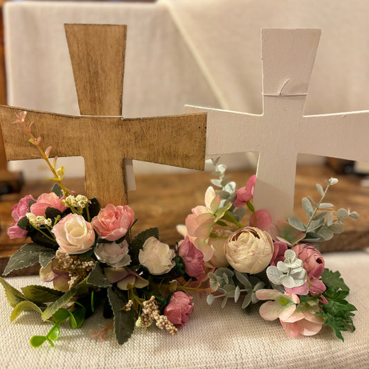 Handmade Stained or Chalk Painted Wooden Cross with Floral Arrangement at Base