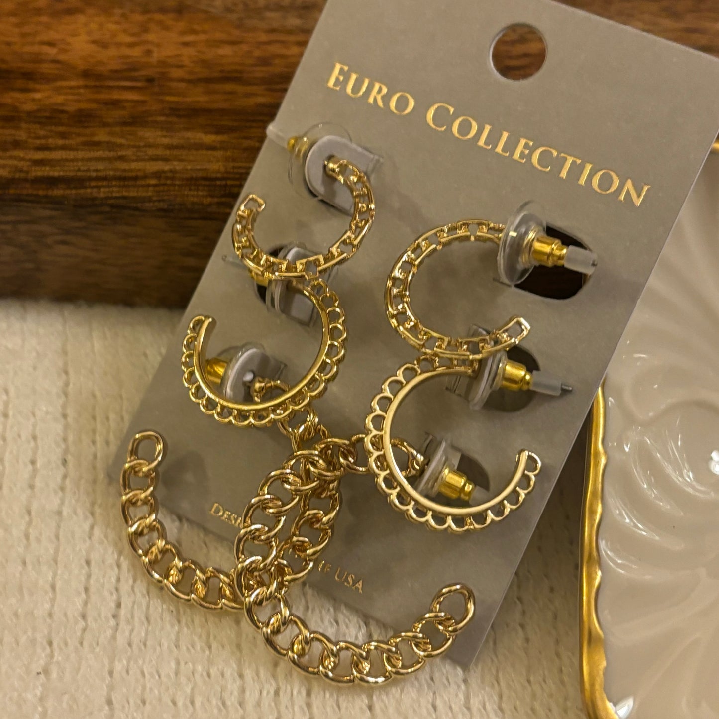 Gold Chain Link Hoop Earring Set of Three Pair