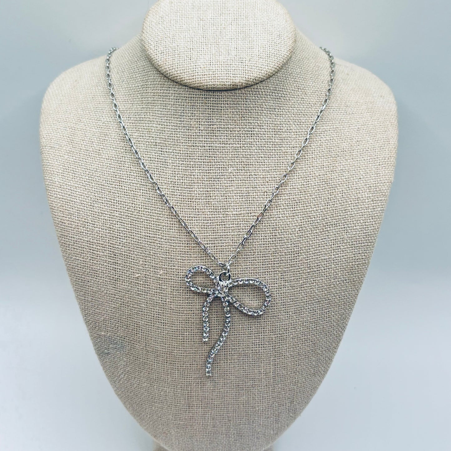 Dainty Chain Link Necklace Featuring Rhinestone Studded Bow Pendant or Earrings