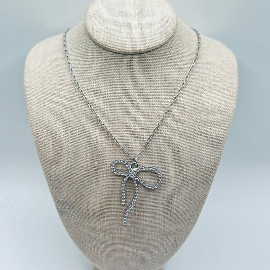 Dainty Chain Link Necklace Featuring Rhinestone Studded Bow Pendant