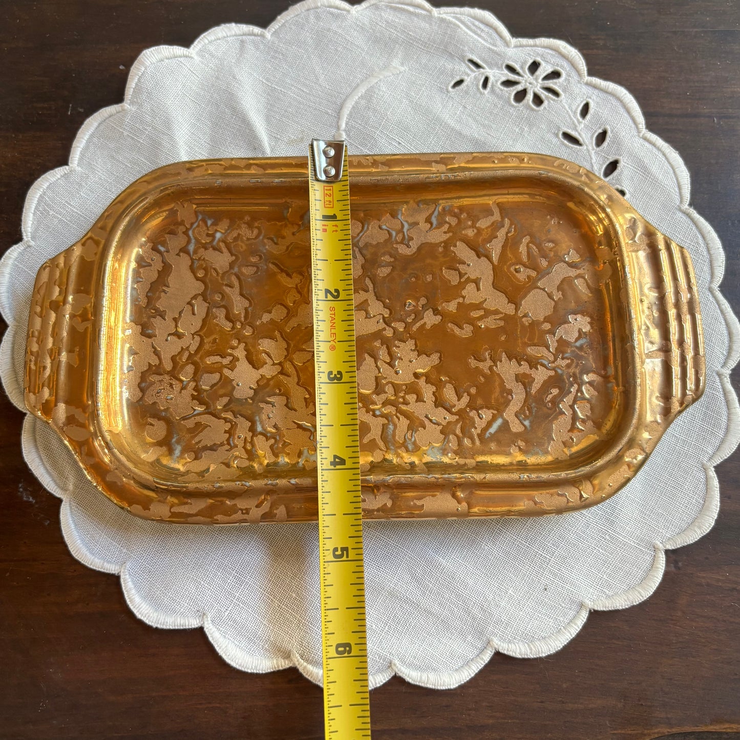 1950s mid-century "weeping bright gold" ceramic creamer and sugar set with a matching tray.