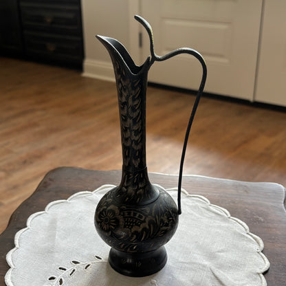 Vintage Floral Etched Brass Ewer Pitcher