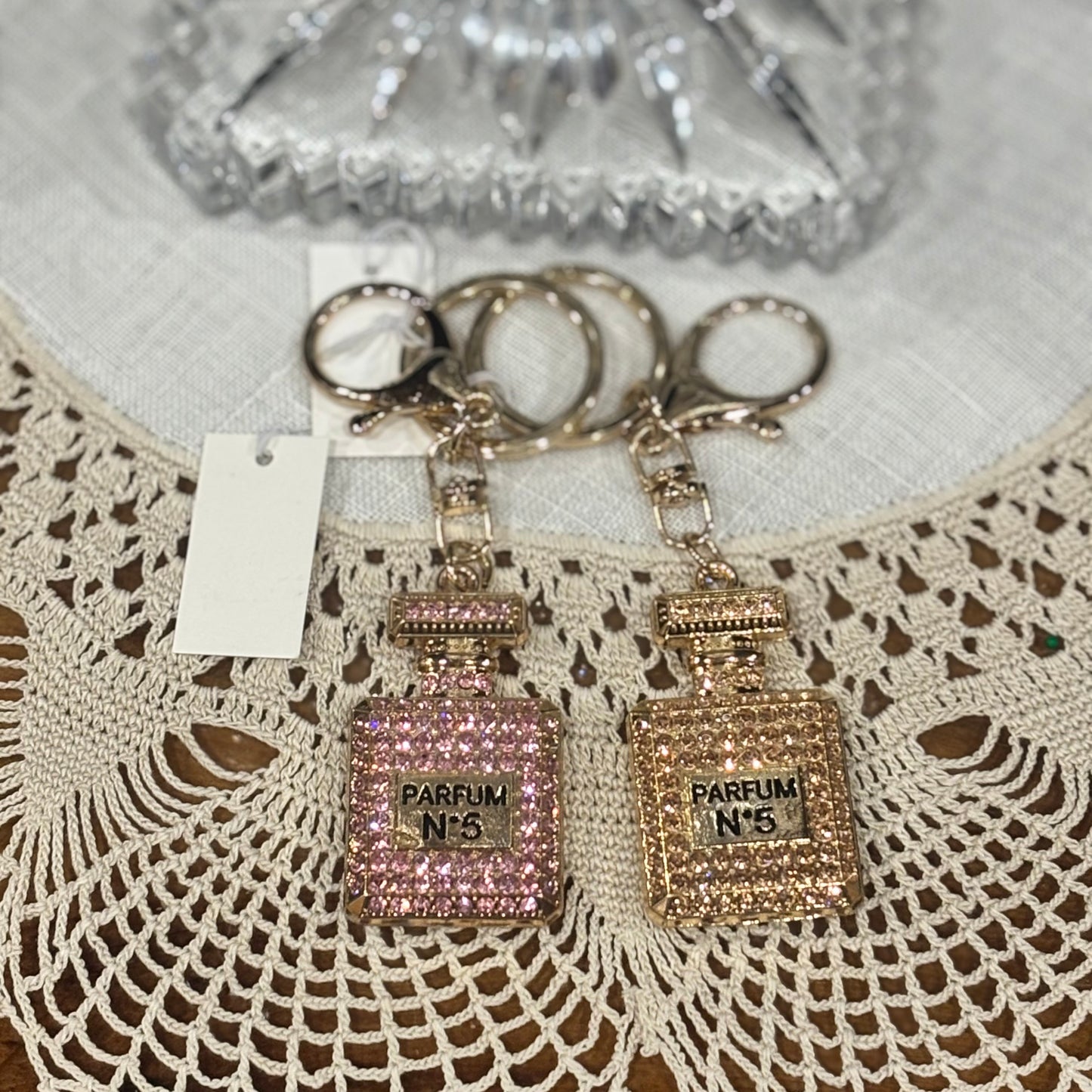 Rhinestone Embellished Parfum Shaped Keychain