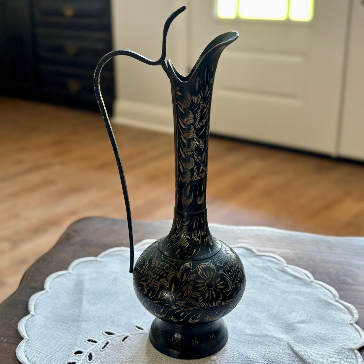 Vintage Floral Etched Brass Ewer Pitcher