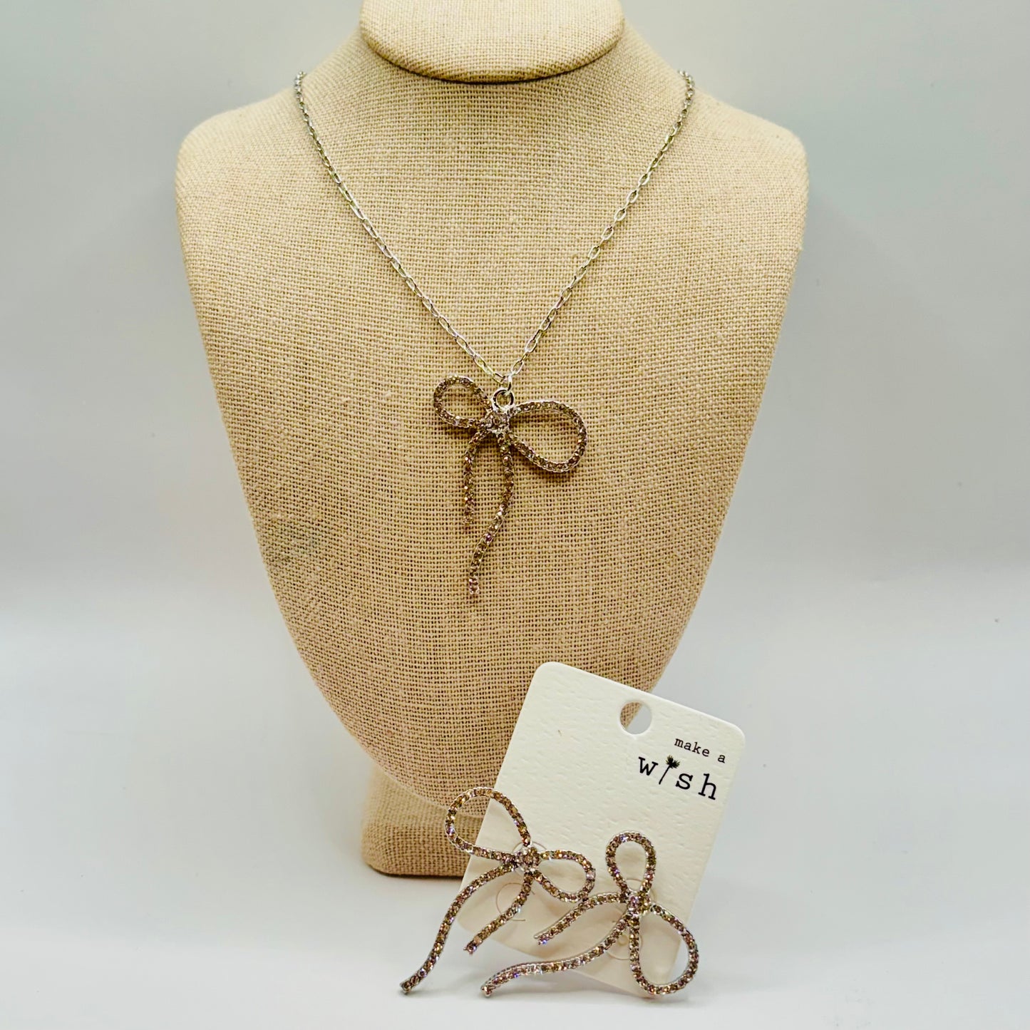 Dainty Chain Link Necklace Featuring Rhinestone Studded Bow Pendant or Earrings