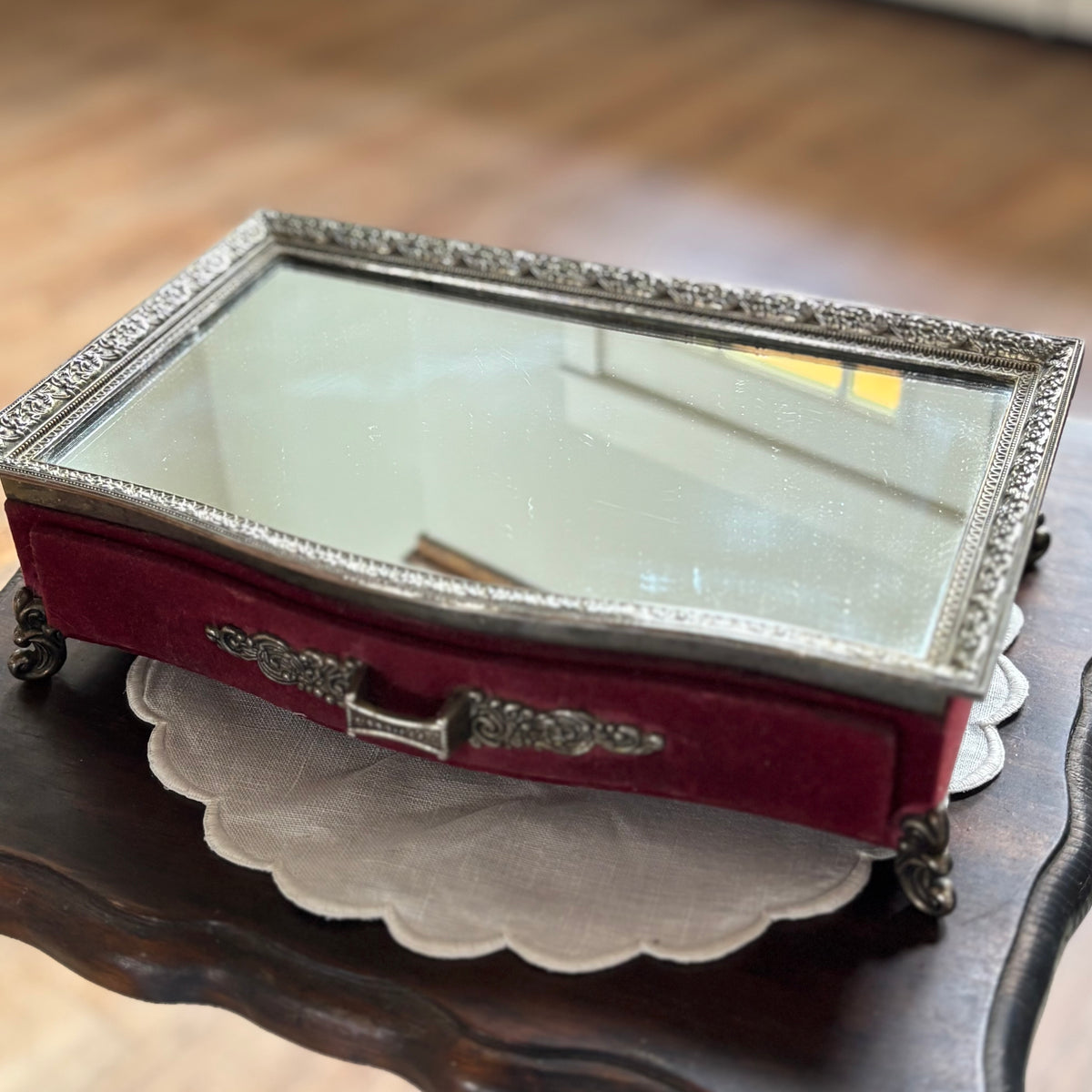 Vintage Red Velvet Footed Hollywood Regency Style Vanity Dresser Jewelry Box