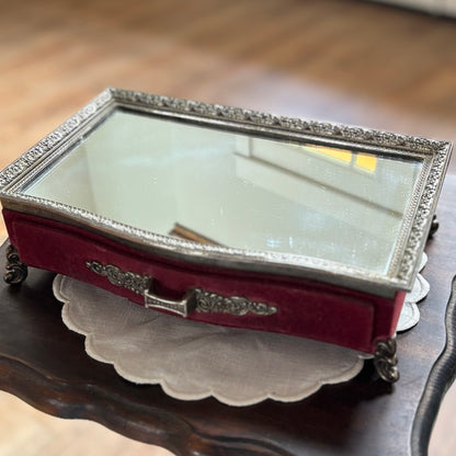 Vintage Red Velvet Footed Hollywood Regency Style Vanity Dresser Jewelry Box