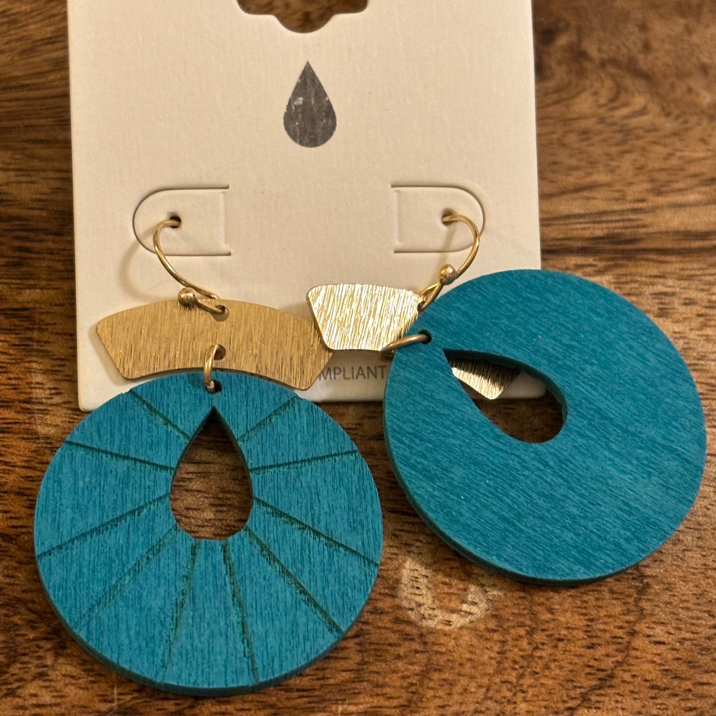 Teal Drop Cut Wood Drop Earrings