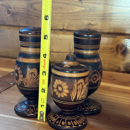 Carved Wood Salt & Pepper and Toothpick Holder Set