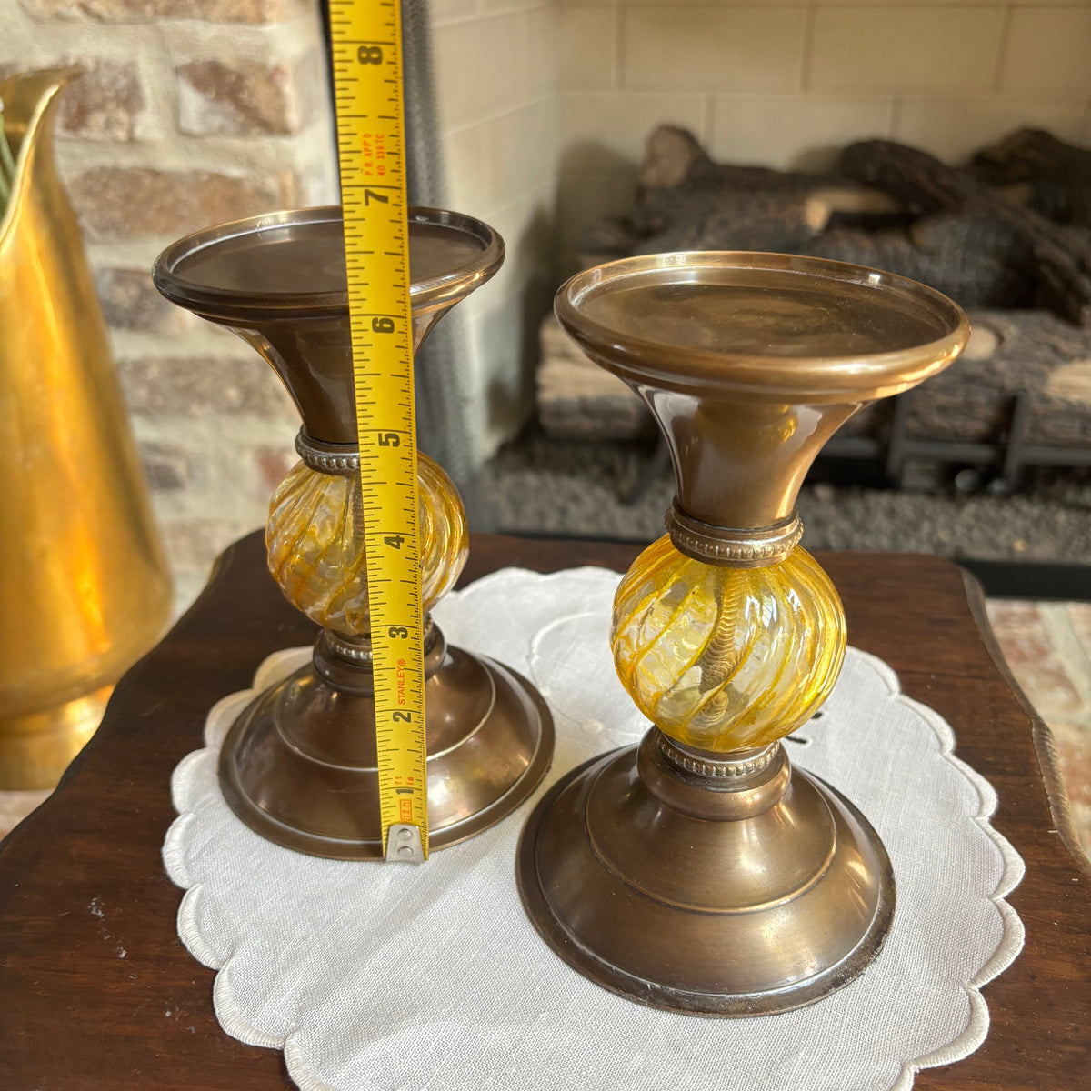 Pair of Brass and Amber Glass Pillar Candle Holders