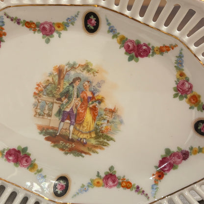 Vintage GERMAN 9.5" Oval Porcelain Basket Bowl Trellis with Reticulated Lace Rim