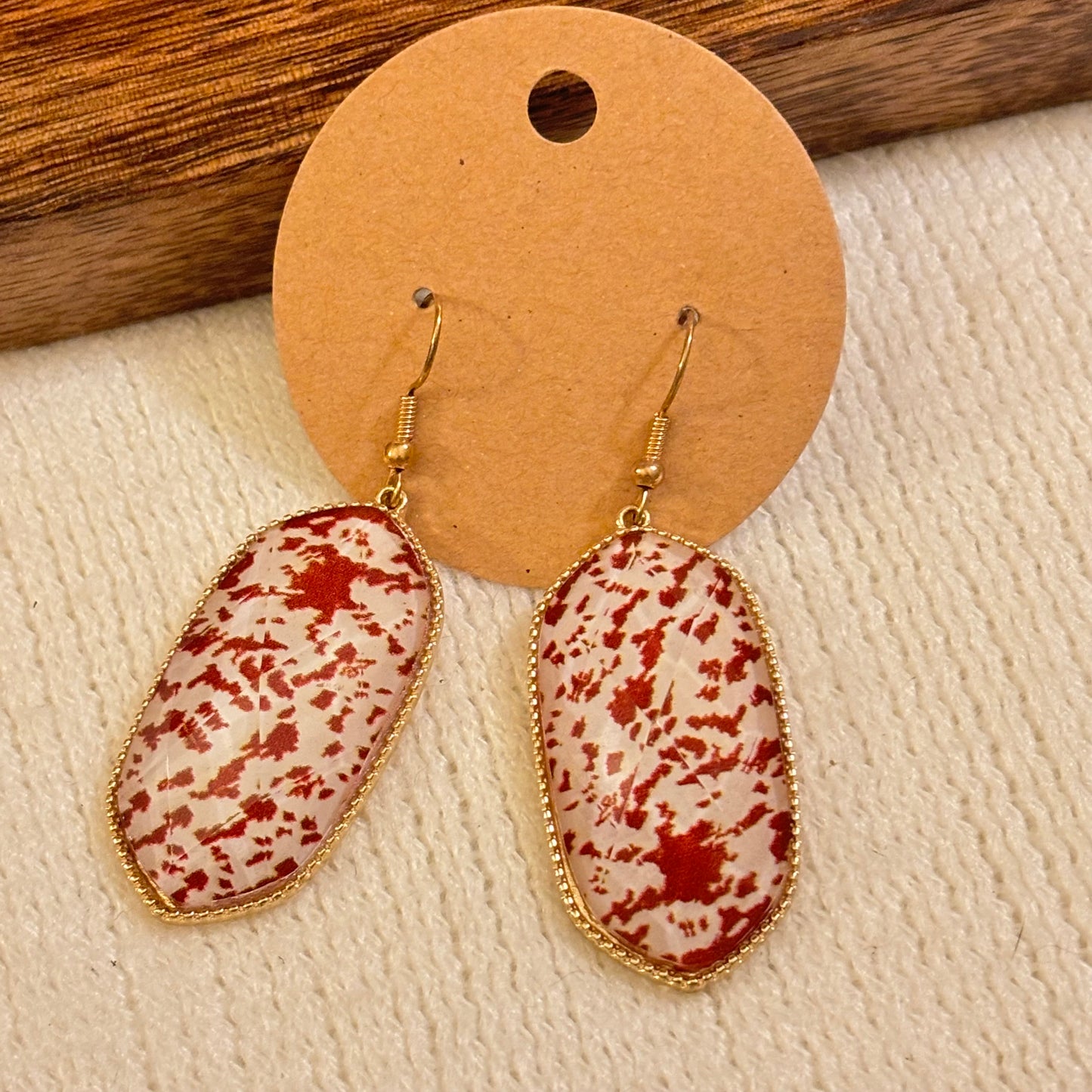 Brown Cow Print Acrylic Earrings on Gold Metal 2.5” long