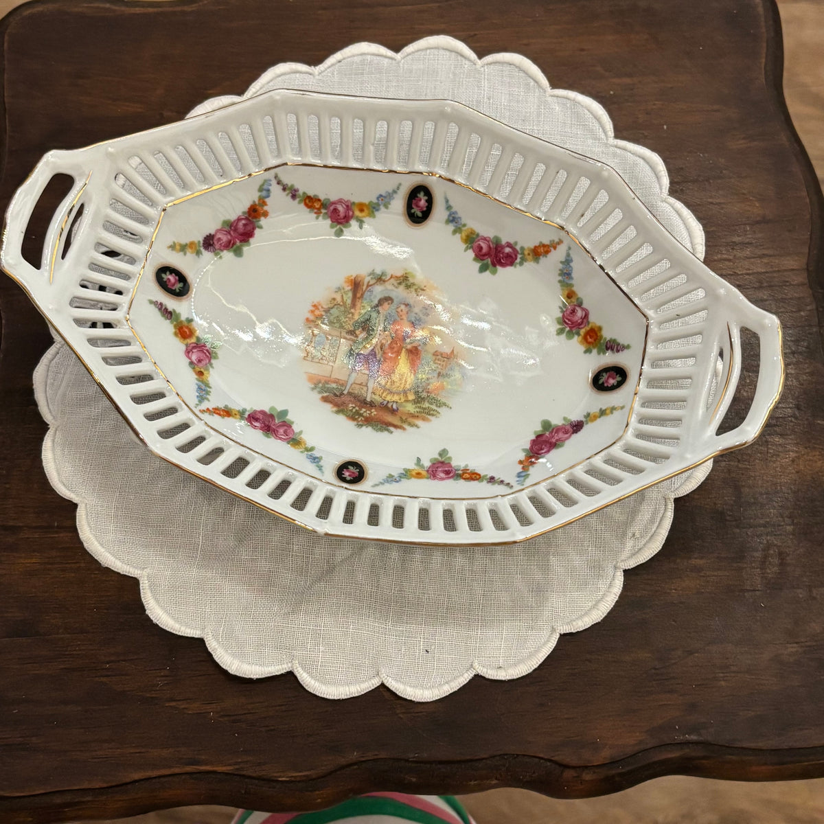 Vintage GERMAN 9.5" Oval Porcelain Basket Bowl Trellis with Reticulated Lace Rim