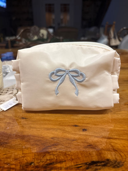 Cosmetic Bag Featuring Embroidered Blue or Pink Bow