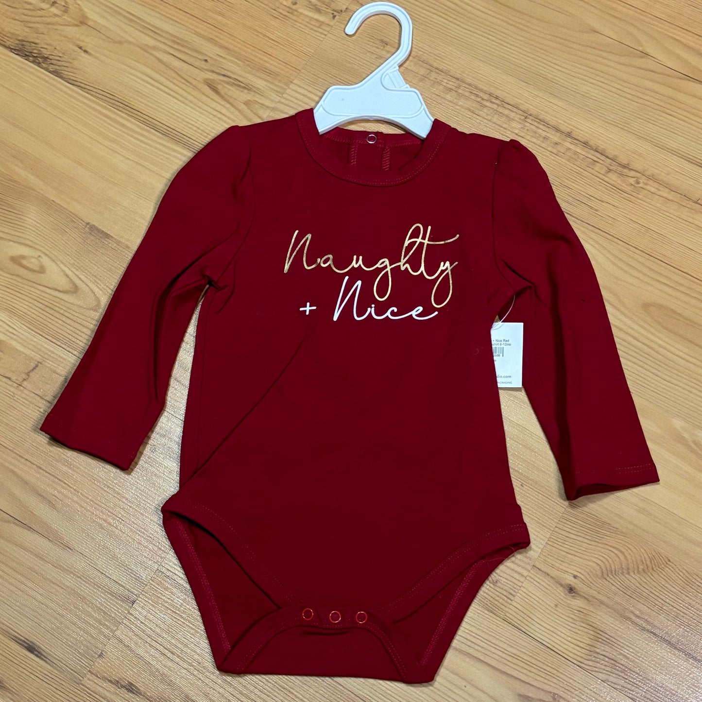 Infant Long Sleeve Snapshirt - “Naughty + Nice” 6-12 months
