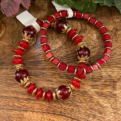 Red Beaded with Gold Accent Stretch Bracelet