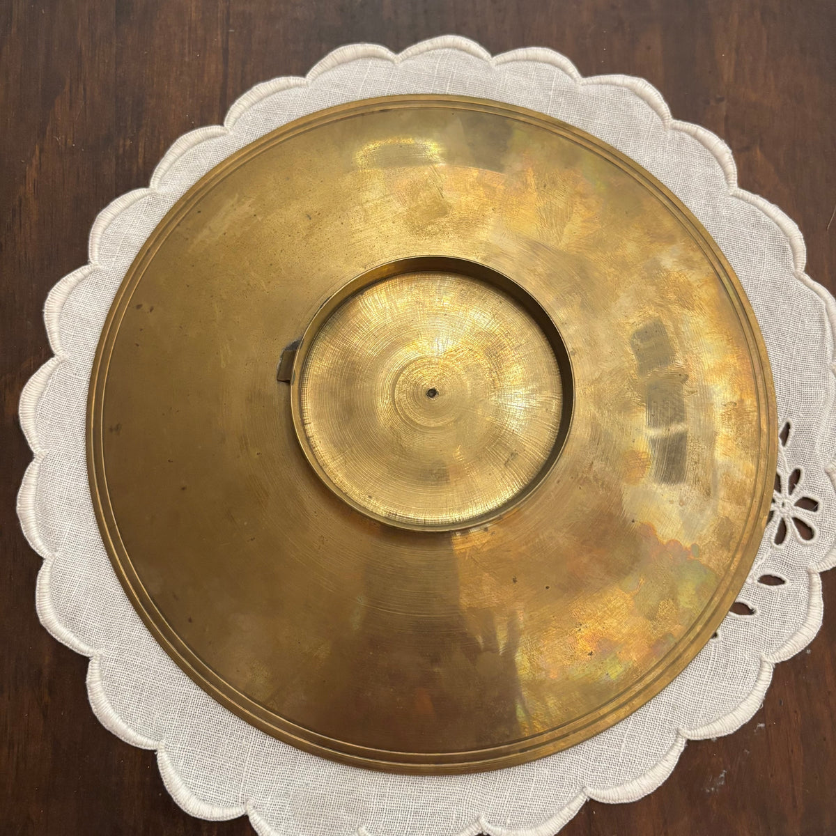 Solid Brass Etched Enamel Floral Footed Plate 8” • MCM