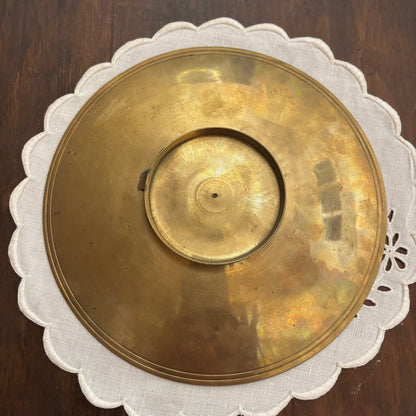 Solid Brass Etched Enamel Floral Footed Plate 8” • MCM